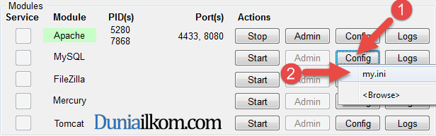 Klik tombol config pada mysql untuk membuka my.ini