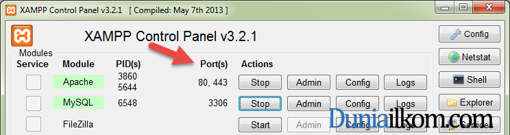 Port normal apache dan mysql bawaan xampp