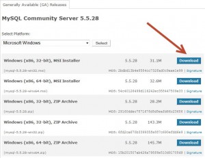 Pilihan Donwload MySQL, 32bit atau 64bit, MSI atau Zip