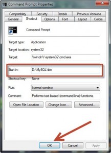 Ubah agar Command Prompt langsung berjalan dari D:\MySQL\bin