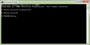 Merubah folder aktif pada cmd Windows ke D:\MySQL\bin\