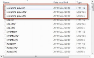 Folder data MySQL : 3 file untuk sebuah 'tabel'