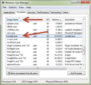 Jika mysqld terdapat pada tab process Task Manager, berarti MySQL Server telah berjalan