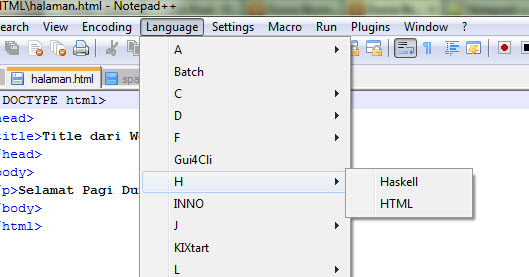 Pilihan bahasa HTML di Notepad++