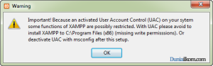 Cara Menginstall XAMPP - Peringatan untuk mematikan UAC