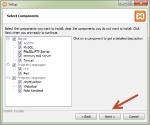 Cara Menginstall XAMPP - Pilih Komponen yang akan Diinstall