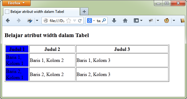 Contoh atribut width pada tag col HTML