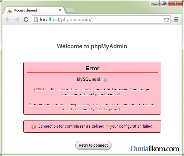 Pesan error Phpmyadmin pada aplikasi XAMPP, MySQL Server belum aktif