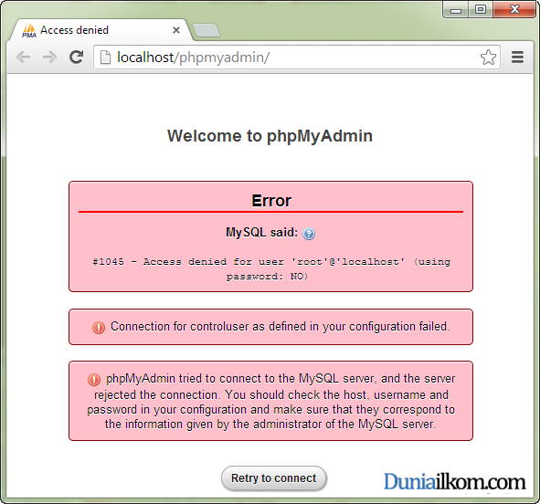 Pesan error Phpmyadmin pada aplikasi XAMPP, MySQL Server salah password
