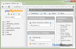 Tampilan awal Phpmyadmin pada aplikasi XAMPP