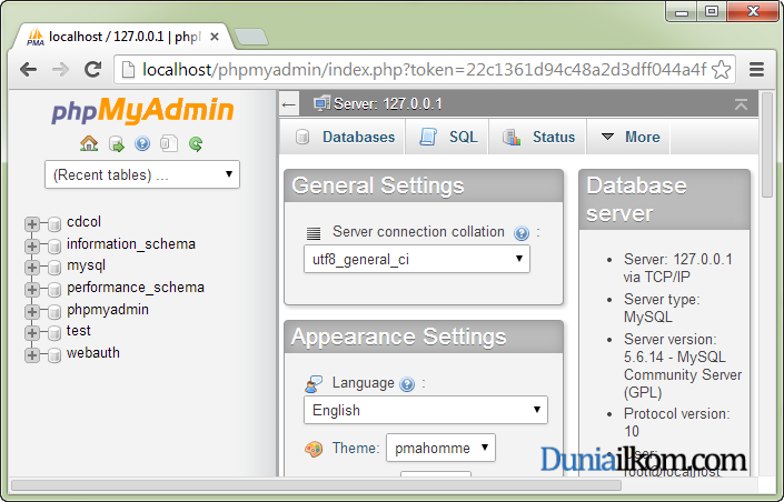 Tampilan awal Phpmyadmin pada aplikasi XAMPP  Duniailkom