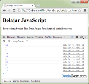 Contoh Cara Membuat Tipe Data Angka dan Operator Artimatika JavaScript