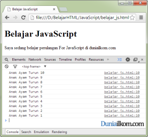 Contoh Cara Penggunaan Perulangan For JavaScript 3