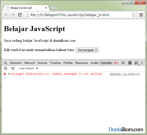 Contoh Error JavaScript pada menu Develepor Tools Google Chrome