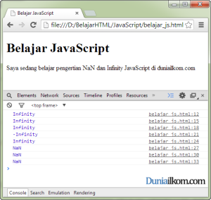Contoh Pengertian dan Penggunaan nilai NaN dan Infinity dalam JavaScript