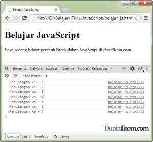 Contoh Penggunaan perintah Break dalam Perulangan JavaScript