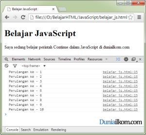 Contoh Penggunaan perintah Continue dalam Perulangan JavaScript