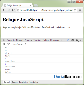 Contoh Penggunakan tipe data null dan undefined JavaScript