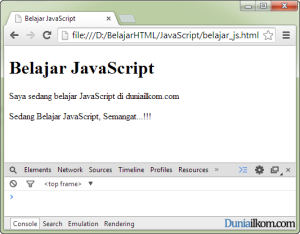 Hasil tampilan contoh penempatan JavaScript di akhir HTML