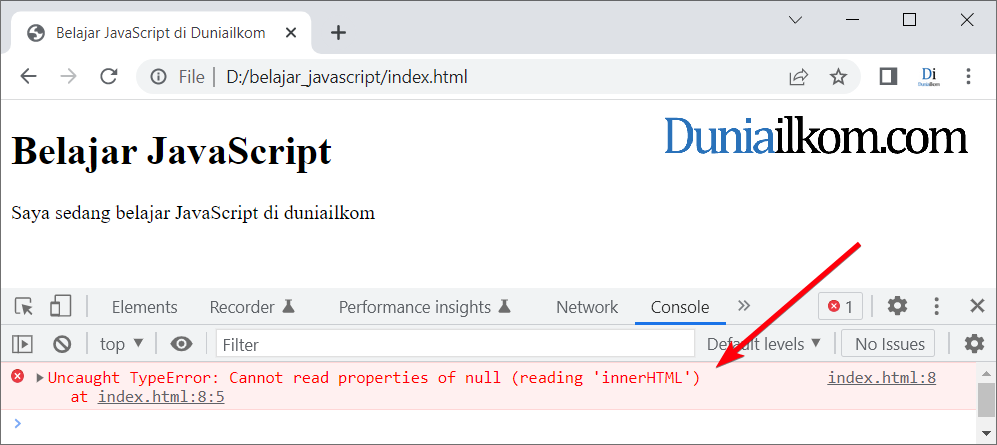 Posisi Terbaik Meletakkan Kode JavaScript - Error