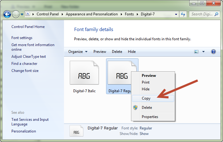 Copy font digital dari folder font Windows