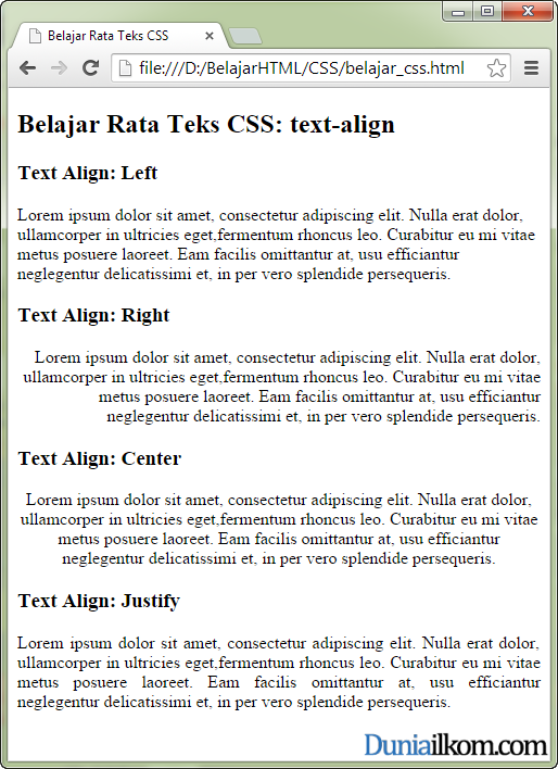 Tutorial Belajar CSS - Contoh Cara Mengatur Rata Teks HTML dengan CSS (text-align)