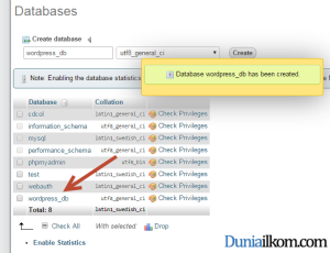 Cara Menginstall WordPress - Database wordpress_db selesai dibuat