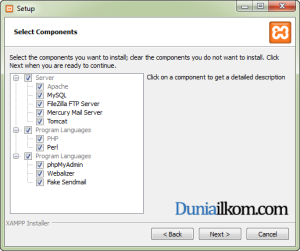 Cara Menginstall XAMPP di Windows - Pilih komponen yang akan diinstall