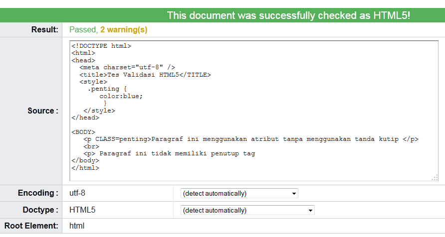 Perbedaan HTML5 dengan HTML 4 - Hasil validasi W3C