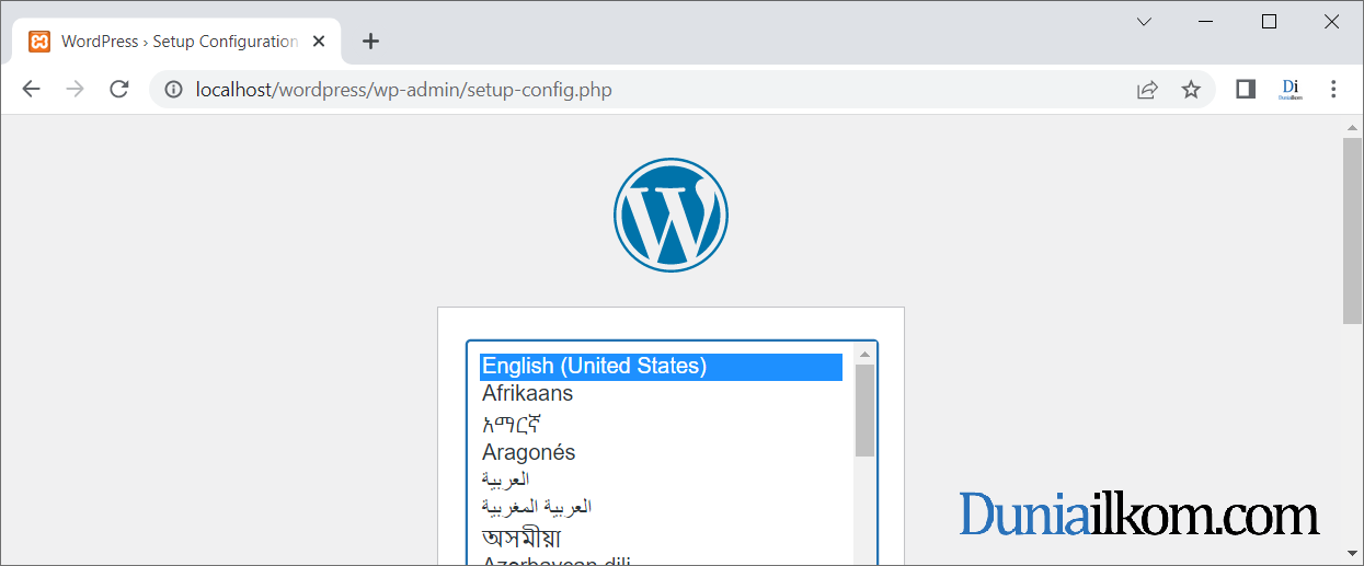 Halaman memilih bahasa WordPress