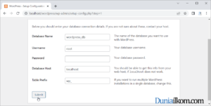 Isi pengaturan database instalasi WordPress