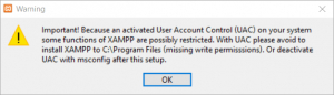 Jendela peringatan user account control XAMPP