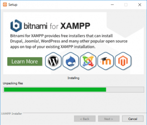 Jendela proses instalasi XAMPP sedang berjalan