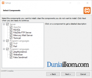 Jendela select components XAMPP