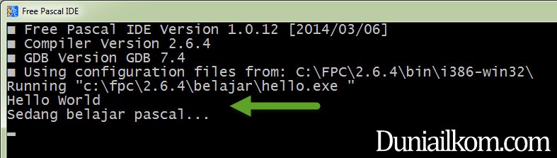 Hasil Run Kode Hello World menggunakan Free Pascal