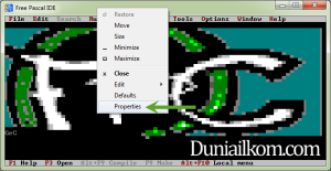Menu Properties untuk memperbesar ukuran jendela Free Pascal