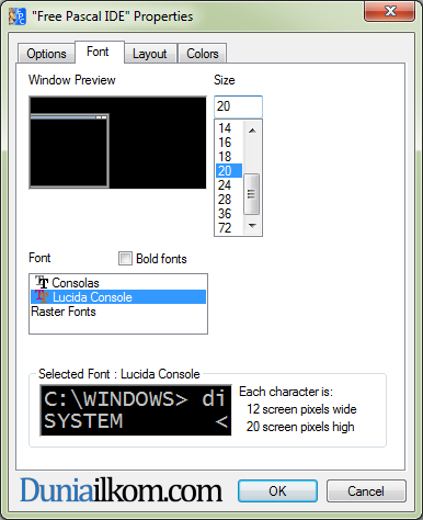 Pilihan Font Size untuk memperbesar ukuran font Free Pascal