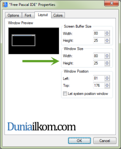 Pilihan Window Size untuk memperbesar ukuran jendela Free Pascal