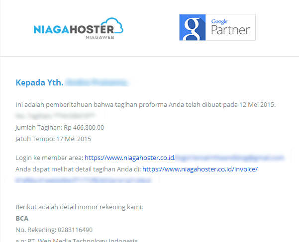 Email Tagihan Web Hosting dari  NiagaHoster