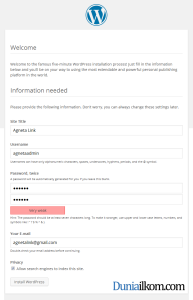 Form Informasi instalasi WordPress cPanel