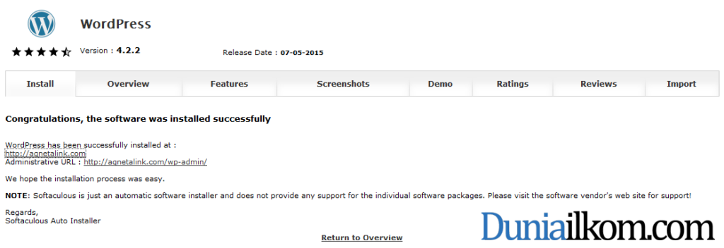 Instalasi WordPress dengan Softaculous telah berhasil