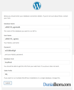 Isi informasi database untuk install wordpress