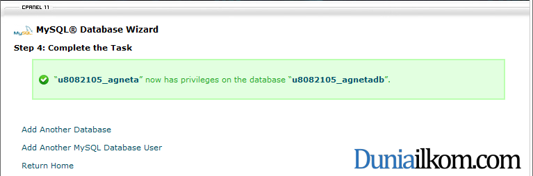 Pembuatan Database dan User MySQL cPanel sudah selesai