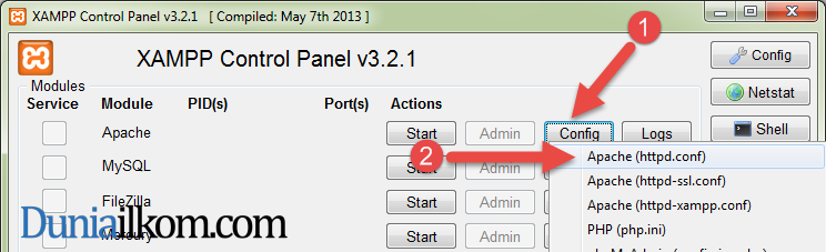 Klik tombol config pada apache untuk membuka httpd.conf