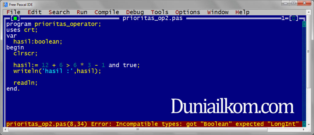 Hasil Contoh Program - Error Urutan Prioritas Operator dalam Pascal