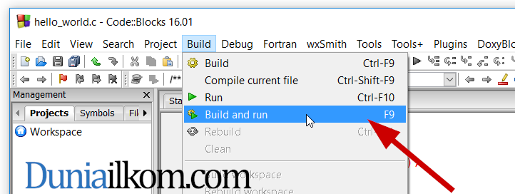 Menu Build dan Run Code Blocks bahasa C