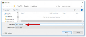 Save file bahasa C di folder belajar_c