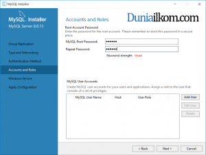 Jendela Account and Roles MySQL 8.0