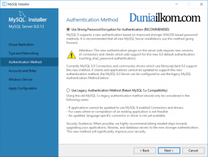 Jendela Authentication Method MySQL 8.0