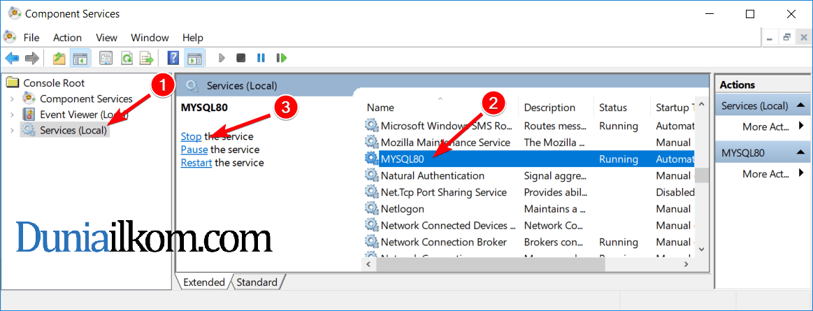 Jendela Component Services di Windows 10 untuk menghapus MySQL Service